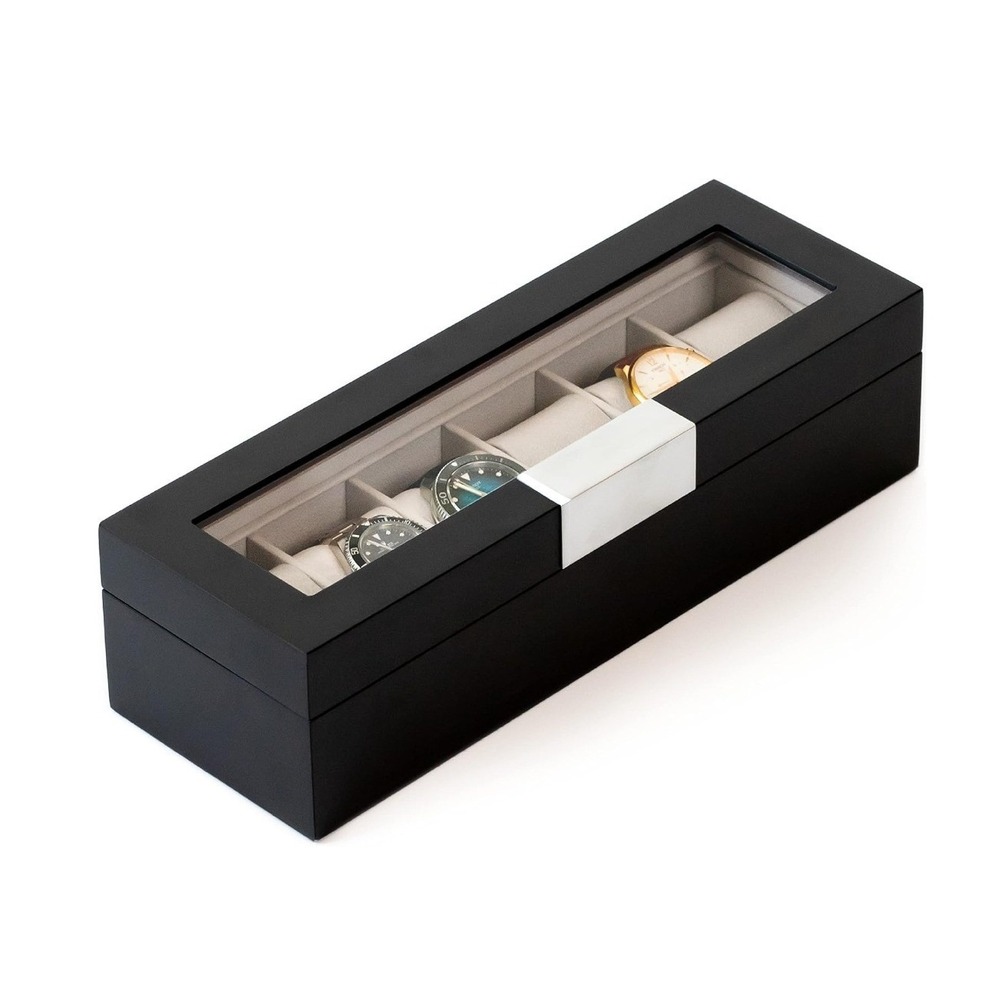 Case Elegance 6 Slot Watch Box Matte Black Glass Top Organizer PJ0582